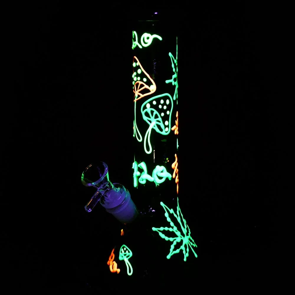Hemp Leaf Glow In The Dark Beaker Glass Bong - 9.25" / 14mm F - Image 2