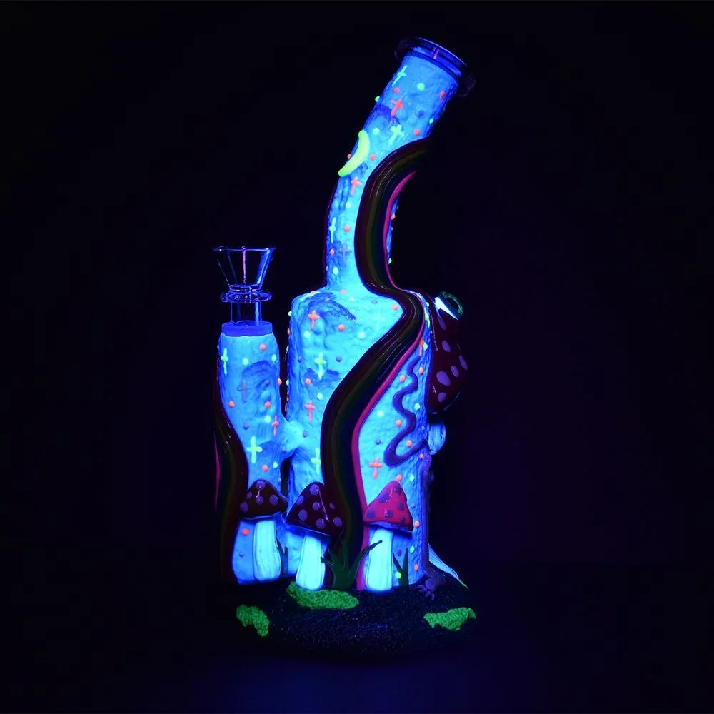 Wide Eyed Shroom And Smoking Skeleton Glow In Dark Water Pipe - 9.5" / 14mm F - Image 2