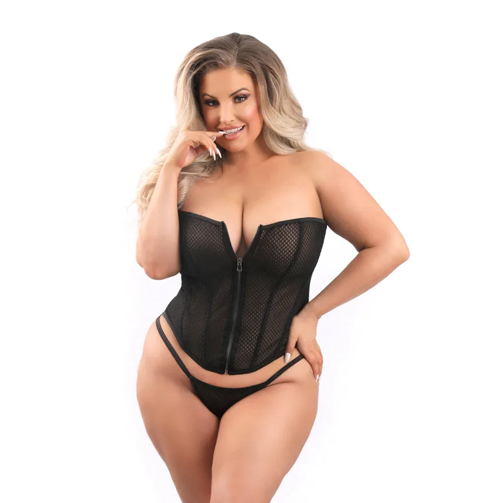 Fantasy Lingerie Mesh Corset with Zipper Front and G-String 2XL - Image 2
