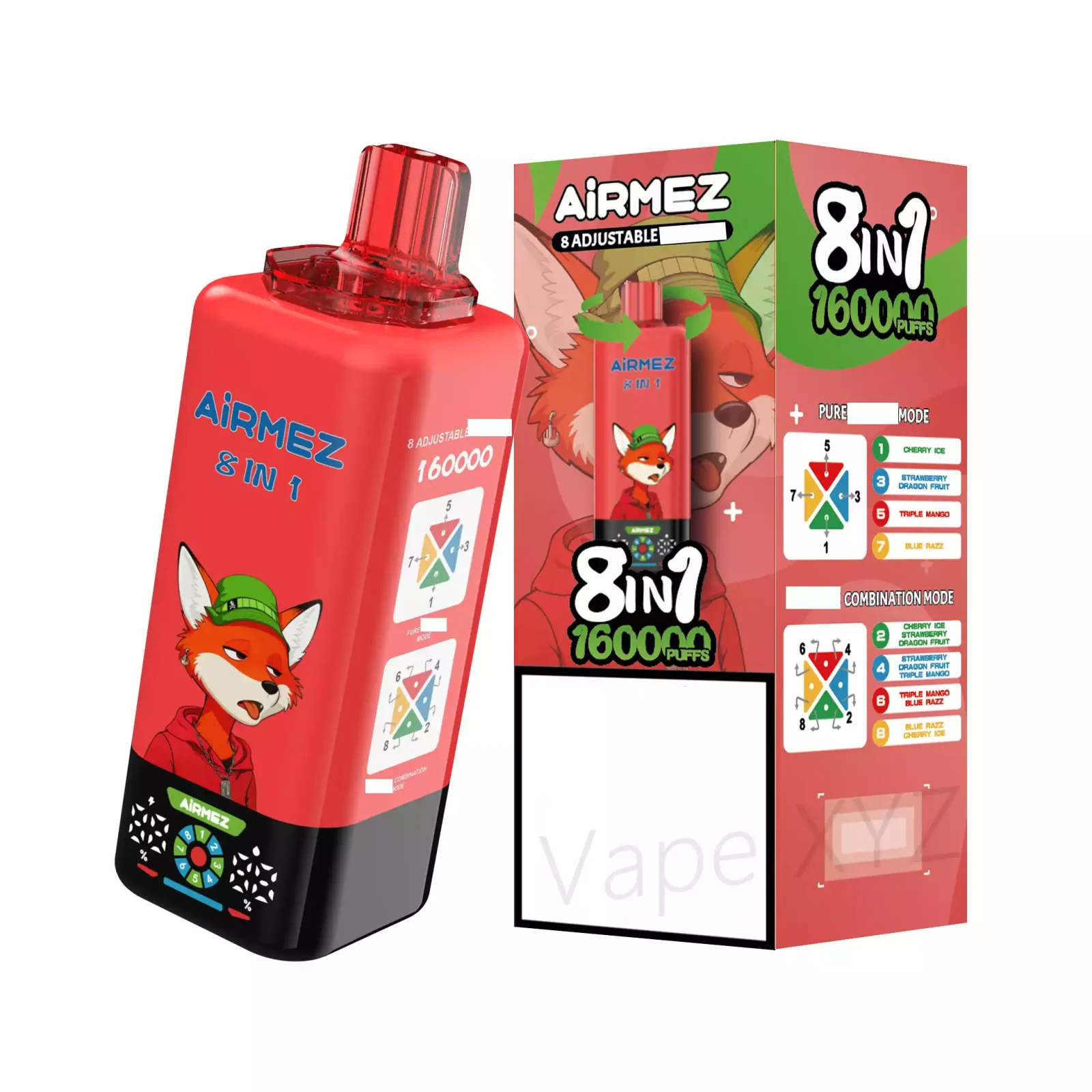 AIRMEZ FOX 8 IN 1 160000 Puffs Disposable Vapes Wholesale Bulk Buy 160K 60ML Capacity Mesh Coil Display Box