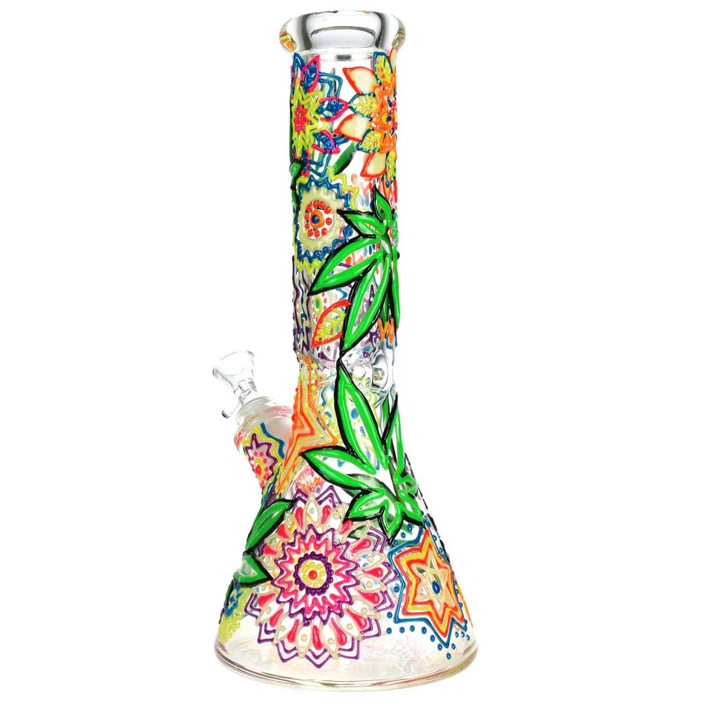 Mandala Hemp Leaf Beaker Water Pipe - 12.75"/14mm F - Image 2