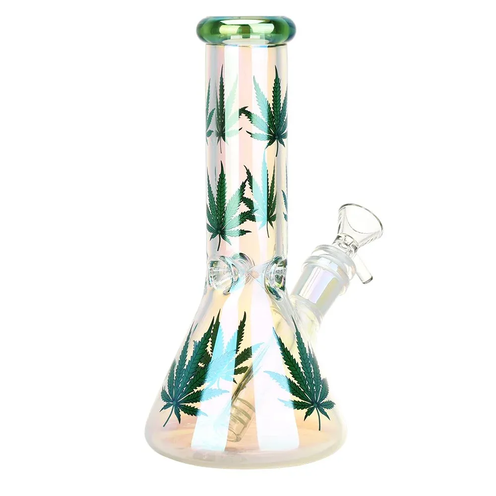 Realistic Hemp Leaf Beaker Glass Water Pipe - 7.75" - Image 2