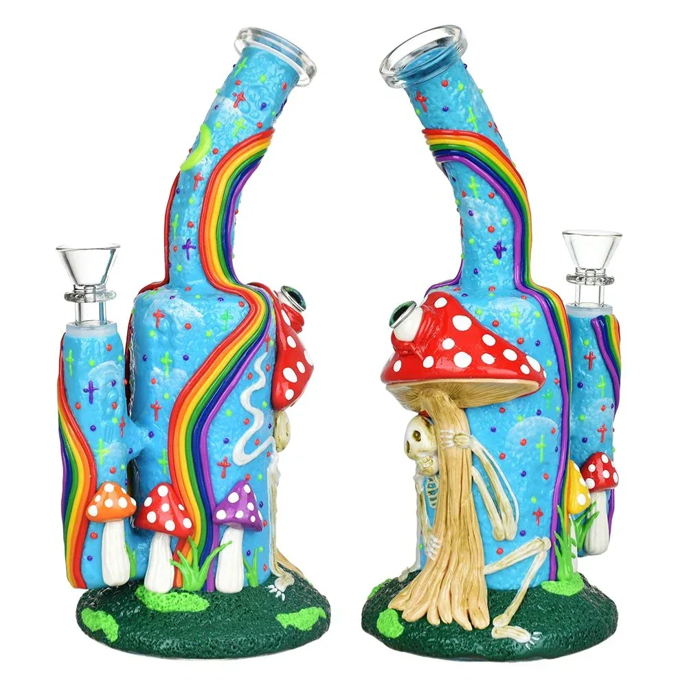 Wide Eyed Shroom And Smoking Skeleton Glow In Dark Water Pipe - 9.5" / 14mm F