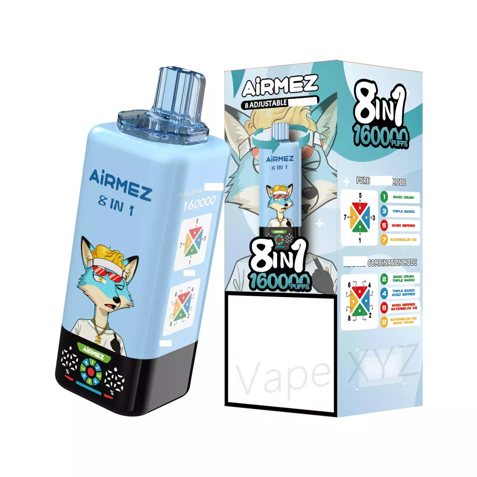 AIRMEZ FOX 8 IN 1 160000 Puffs Disposable Vapes Wholesale Bulk Buy 160K 60ML Capacity Mesh Coil Display Box - Image 2